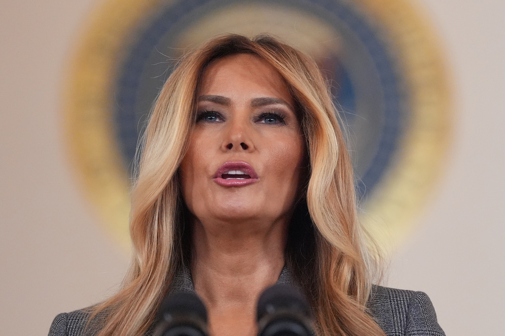 First lady Melania Trump speaks to reporters Thursday, April 9, 2026, in the Grand Foyer of the White House in Washington. 