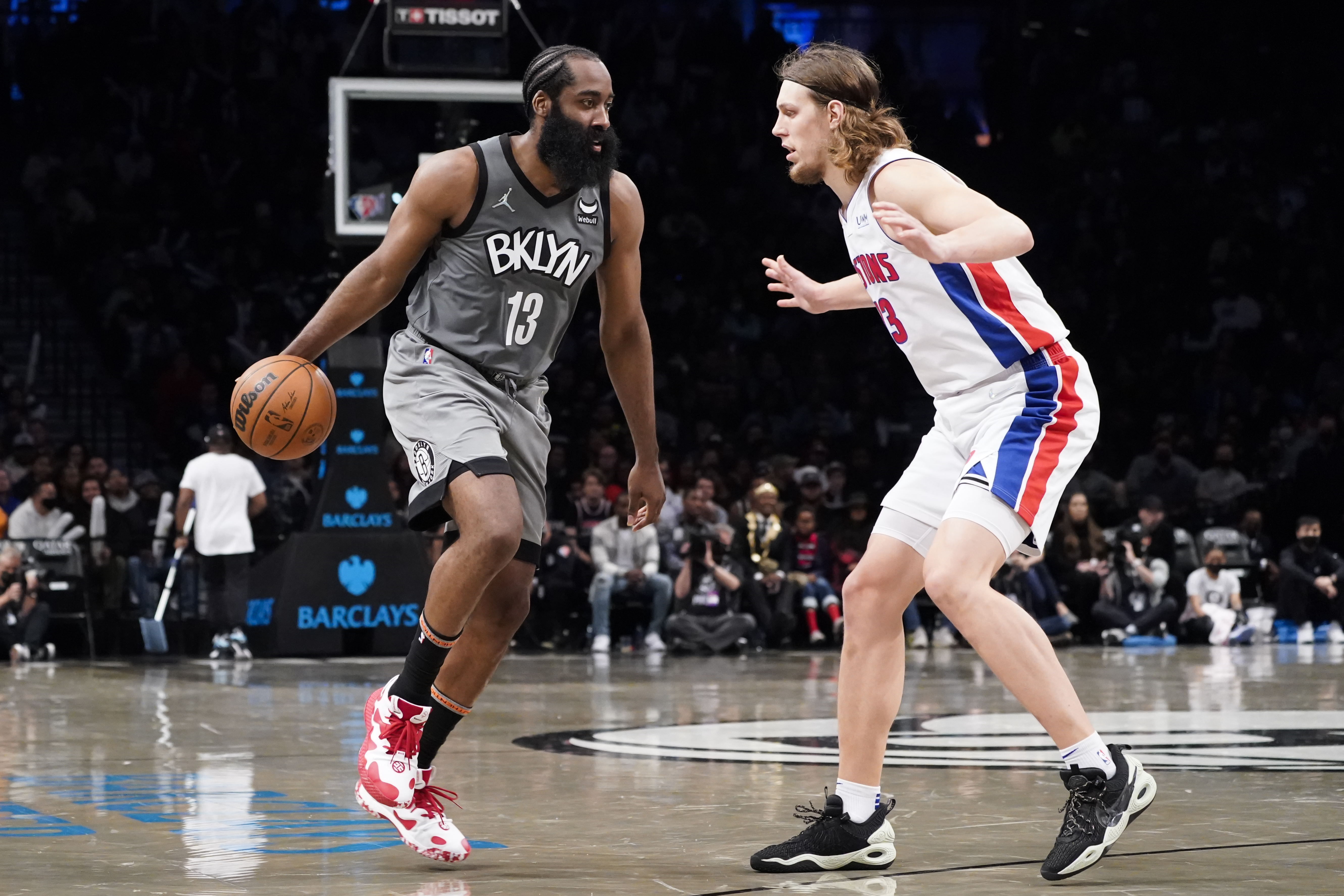 James Harden, Kelly Olynyk Pistons Nets Basketball