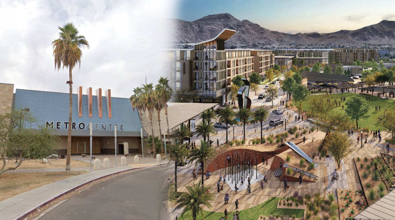 Metrocenter now vs. rendering the finished redevelopment.  