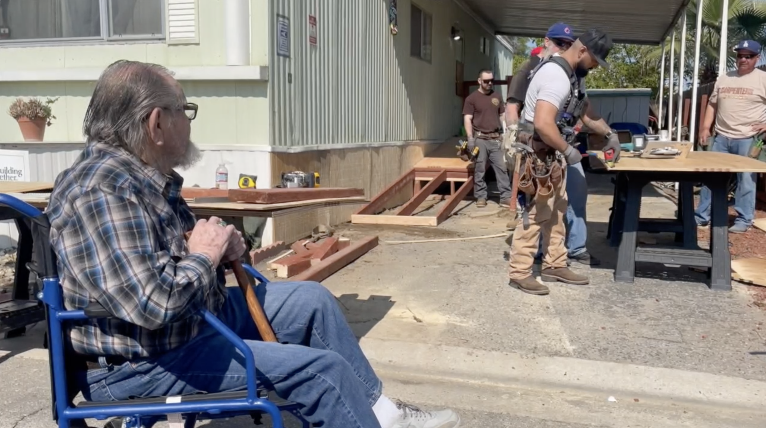 union carpenters build a ramp for a veteran