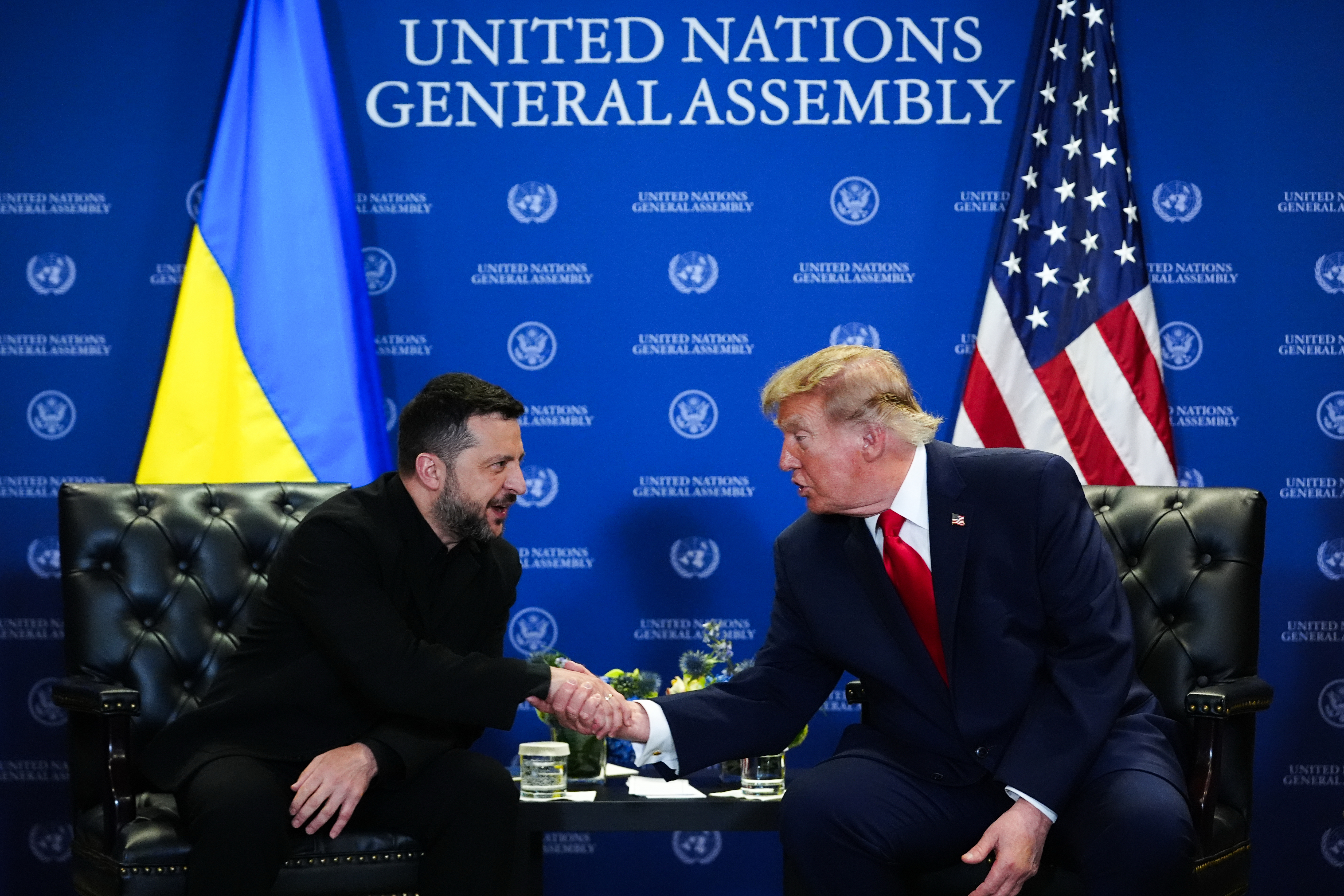 President Donald Trump and Ukraine's President Volodymyr Zelenskyy shake hands while meeting during the United Nations General Assembly, Tuesday, Sept. 22, 2026, at the UN headquarters. 