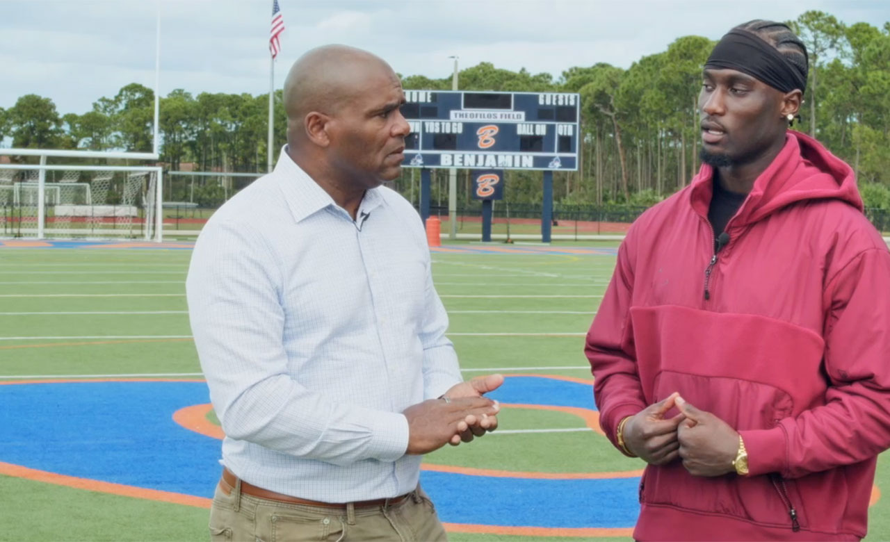 WPTV anchor Todd Wilson speaks to NFL cornerback Kaiir Elam at The Benjamin School.