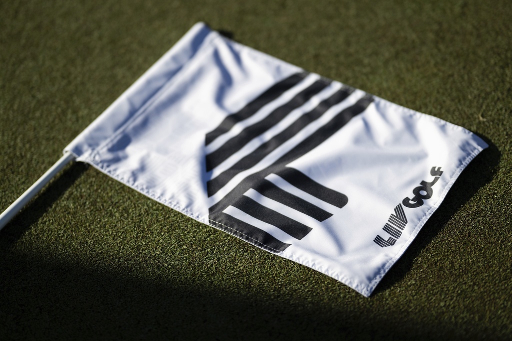 A LIV Golf logo is seen on a flag during the pro-am before the start of the LIV Golf Mayakoba at the El Camaleón Golf Course on Thursday, February 01, 2024 in Playa del Carmen, Mexico.