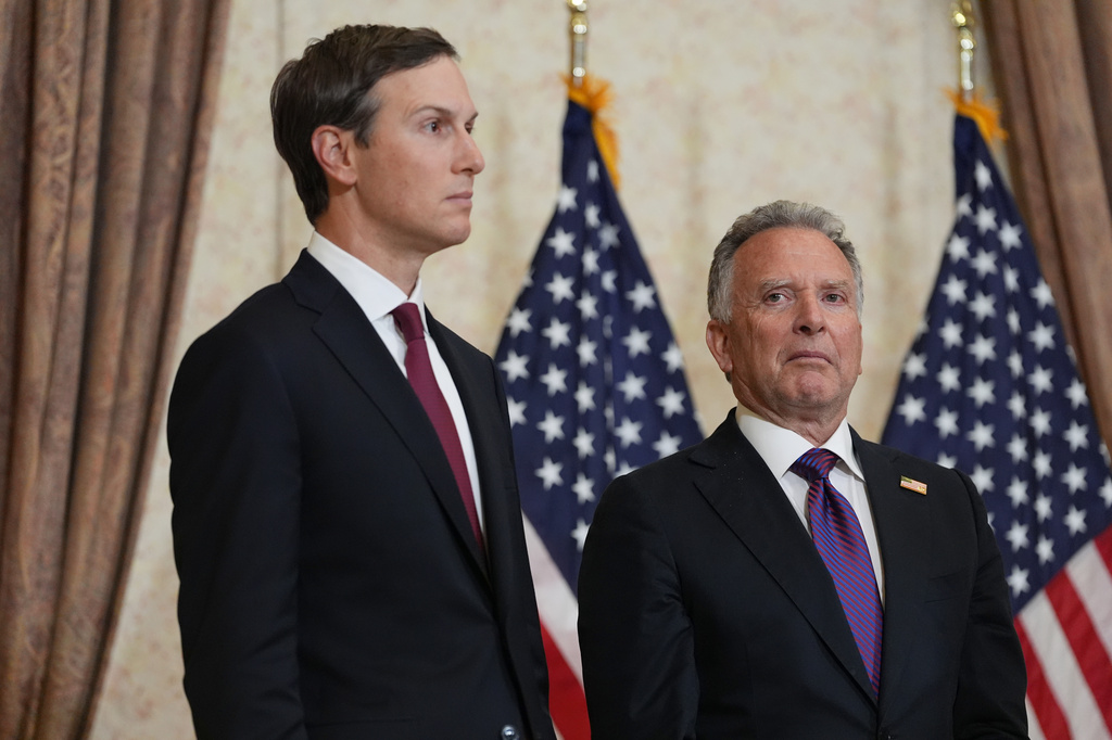 Jared Kushner, left, and Steve Witkoff, Special Envoy for Peace Missions listen as Vice President JD Vance speaks during a news conference after meeting with representatives from Pakistan and Iran, Sunday, April 12, 2026, in Islamabad, Pakistan. 