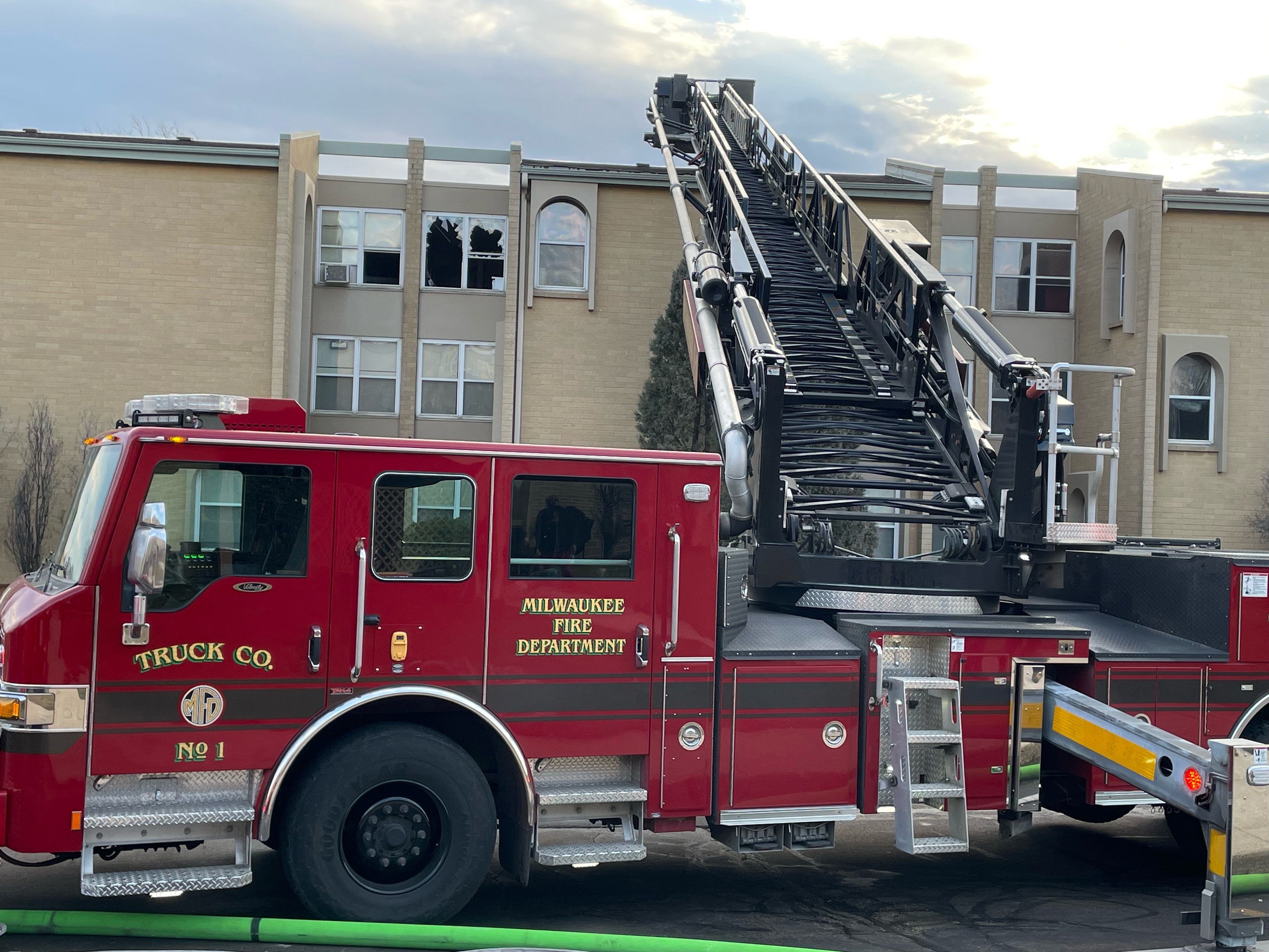 Milwaukee Fire ladder truck at Layton Gardens senior apartments