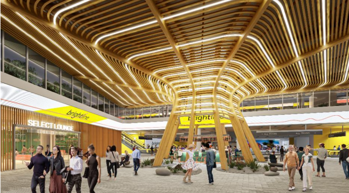 Brightline rendering of the interior of the planned Las Vegas station with ticketing and waiting areas
