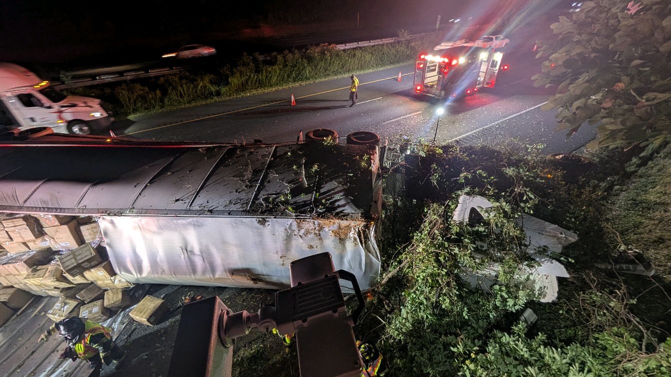 A driver was ejected from a tractor trailer which overturned in Havre de Grace on Southbound I-95, according to the Susquehanna Hose Company. 