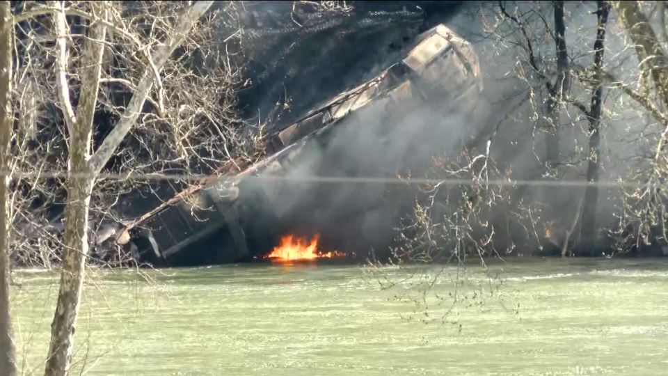Scene of the CSX freight train derailment Wednesday in Sandstone, West Virginia.