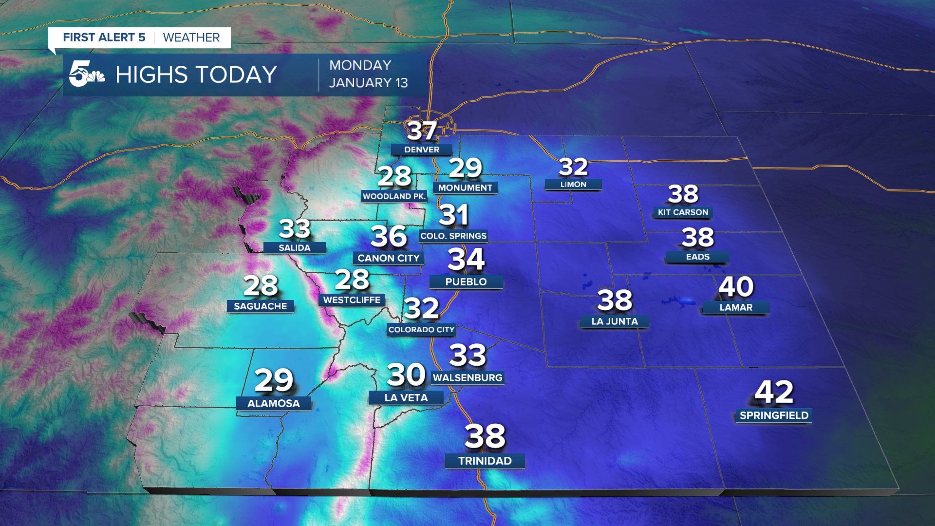 Highs in southern Colorado on Monday, January 13th, 2025