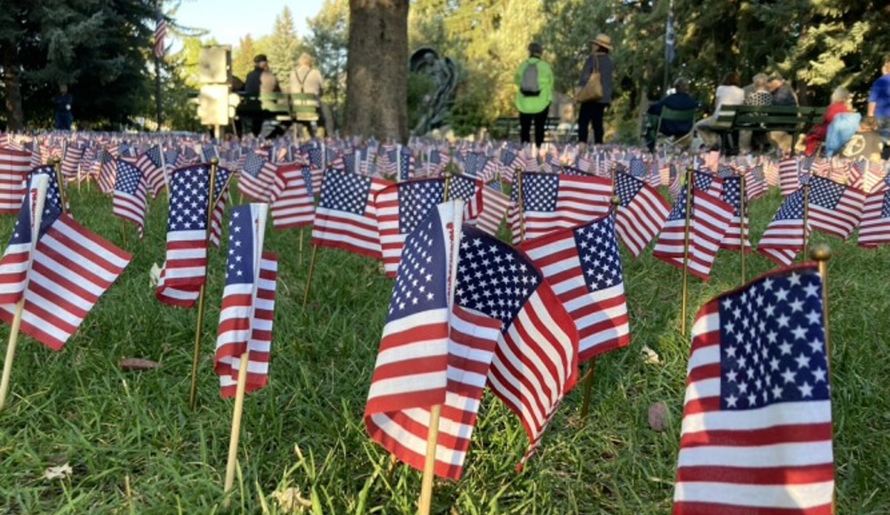 Flags at Memorial Rose Garden for 9/11 ceremony 