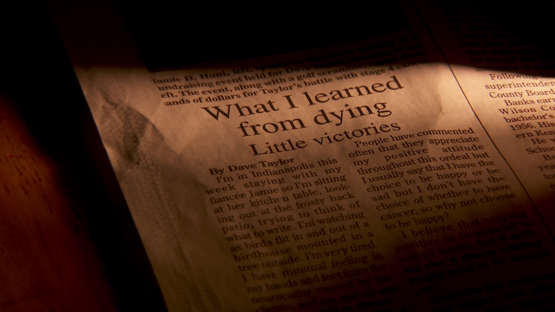 'What I learned from dying'; newspaper reporter living with cancer writes weekly columns