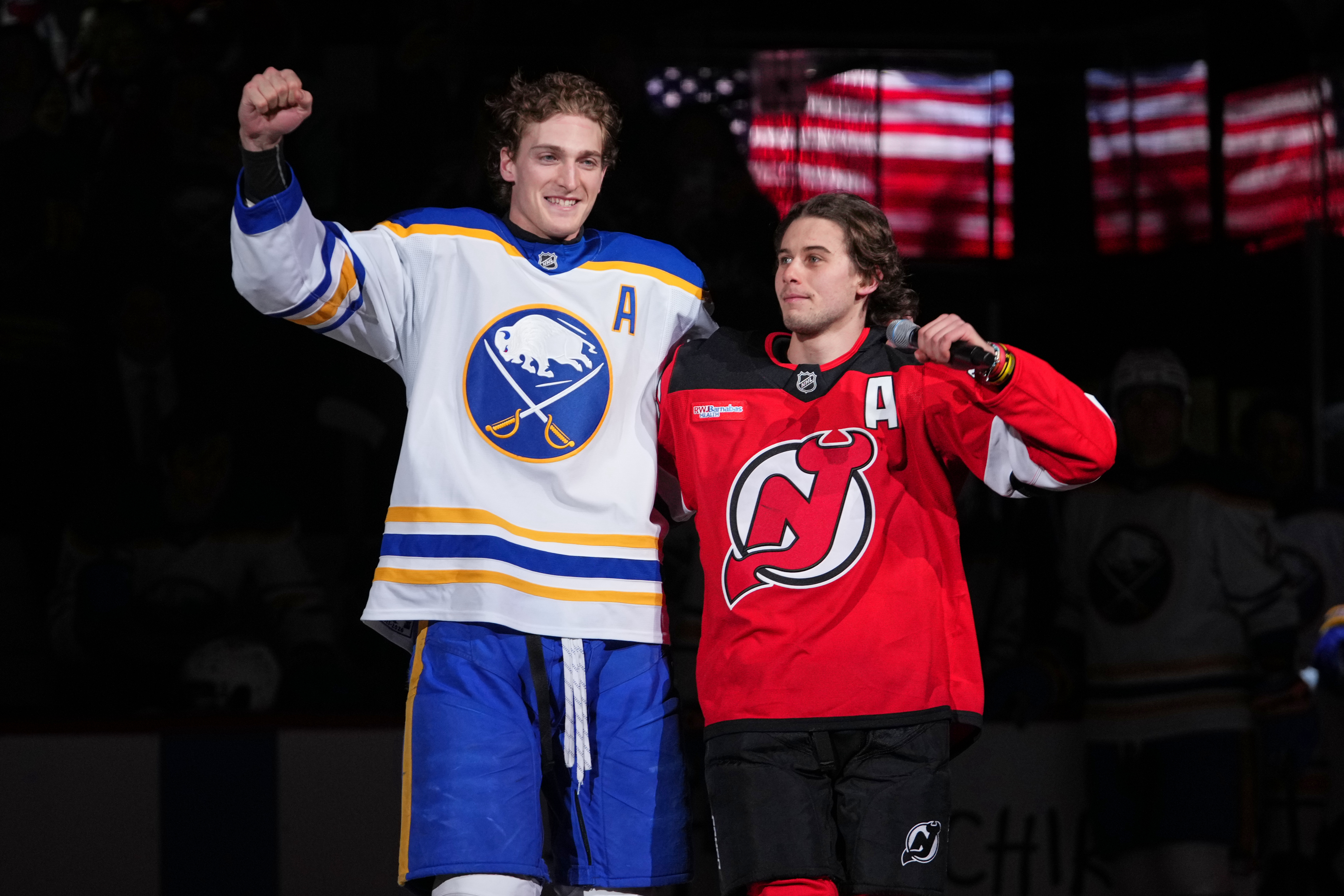 Tage Thompson and Jack Hughes get big ovation as they return from Olympic break