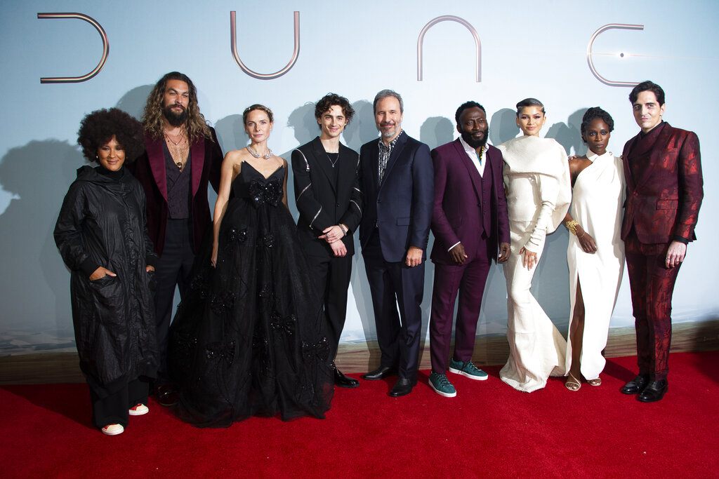 Rebecca Ferguson, Timothee Chalamet, Denis Villeneuve, Babs Olusanmokun, Zendaya, David Dastmalchian, Sharon Duncan Brewster