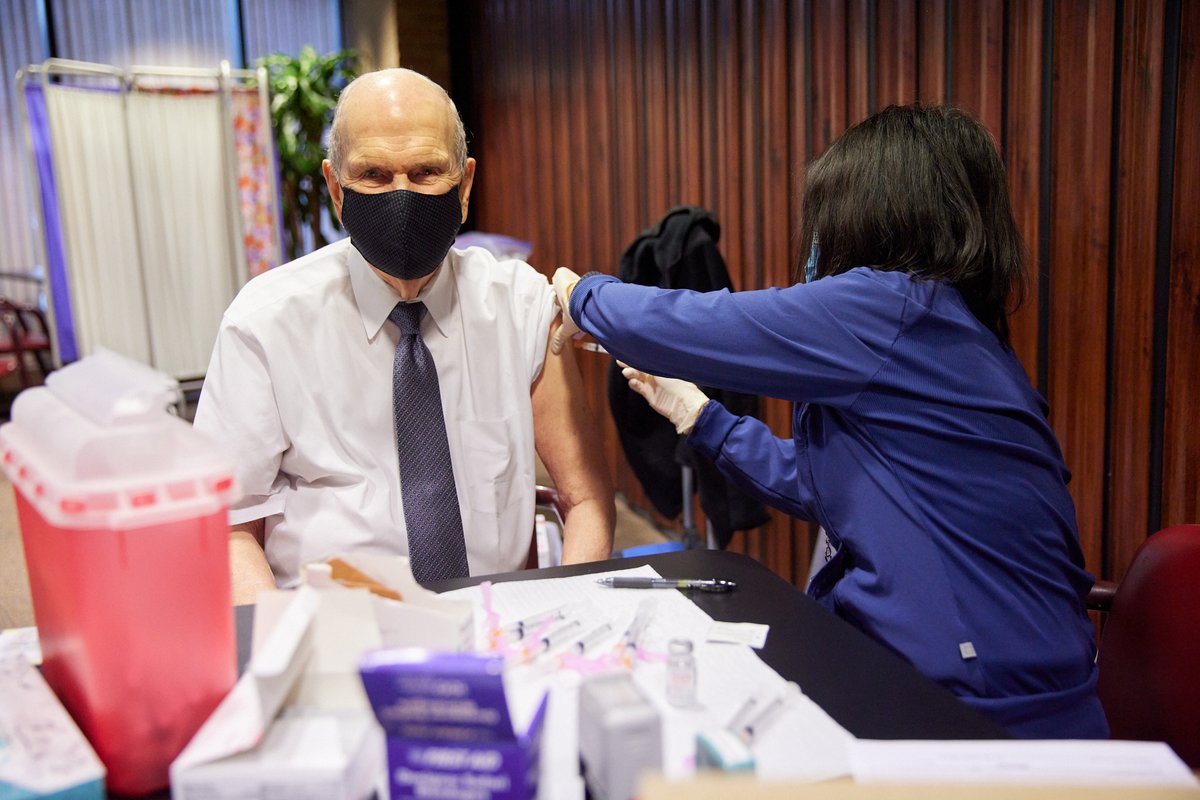 President Russell M. Nelson of The Church of Jesus Christ of Latter-day Saints receives his first dose of a COVID-19 vaccine.