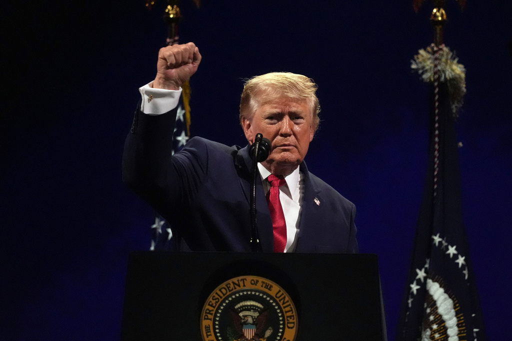 President Donald Trump gestures at the conclusion of his speech during Salute to America, an Independence Day event honoring the nation's 250th anniversary, Saturday, July 4, 2026, on the National Mall in Washington. 