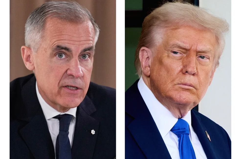 This combination of images shows Canada’s Prime Minister Mark Carney on June 16, 2025, in Kananaskis, Canada, left, and President Donald Trump on Oct. 7, 2025, in Washington.