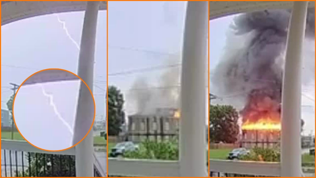 Doorbell cam video shows lightning strike before former historic Richmond church goes up in flames