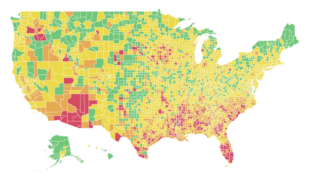 Interactive map shows national coronavirus risk by county, state; 3 states in the red