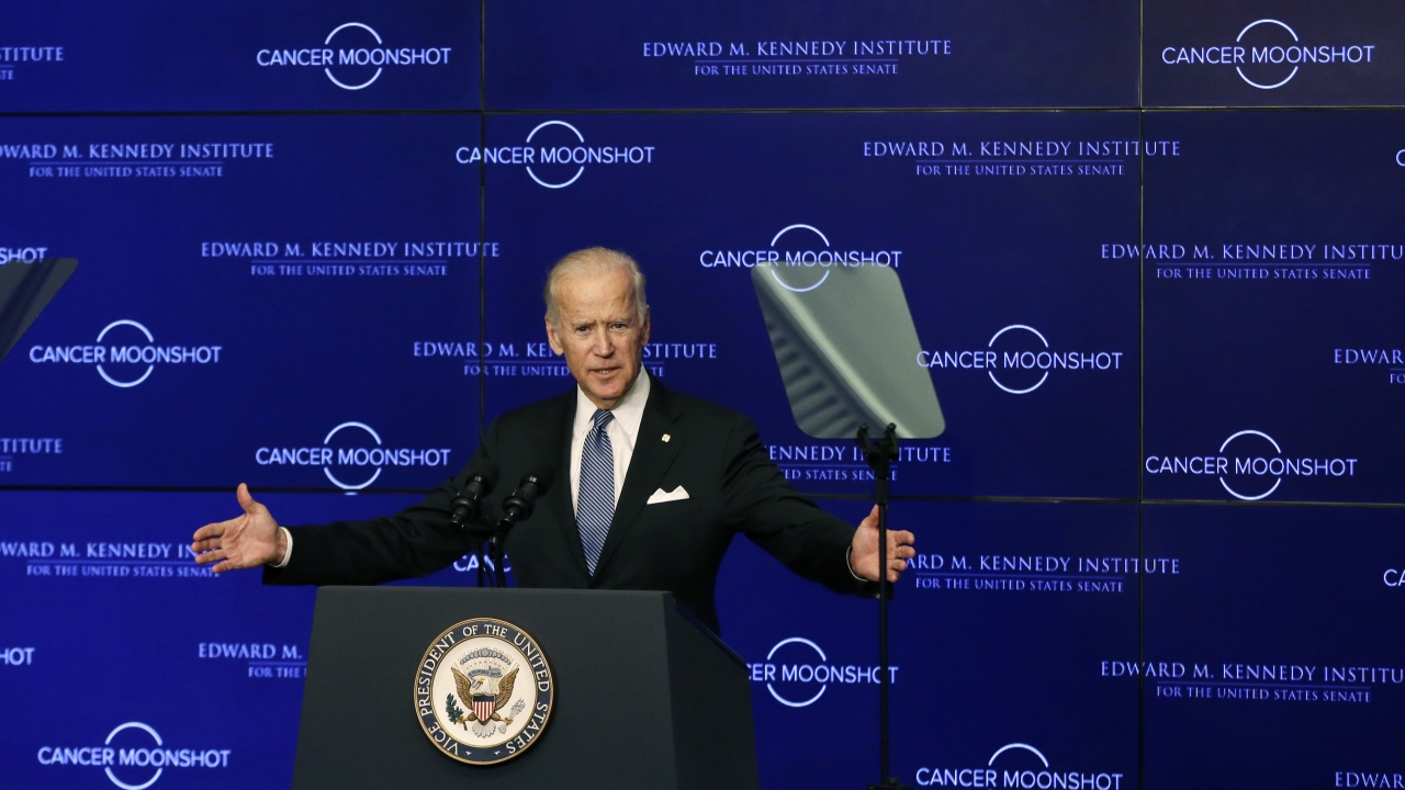 President Joe Biden speaking at the Edward M. Kennedy Institute.