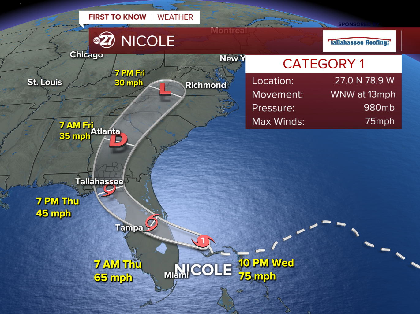Nicole forecast track (10pm 11/09/2022)