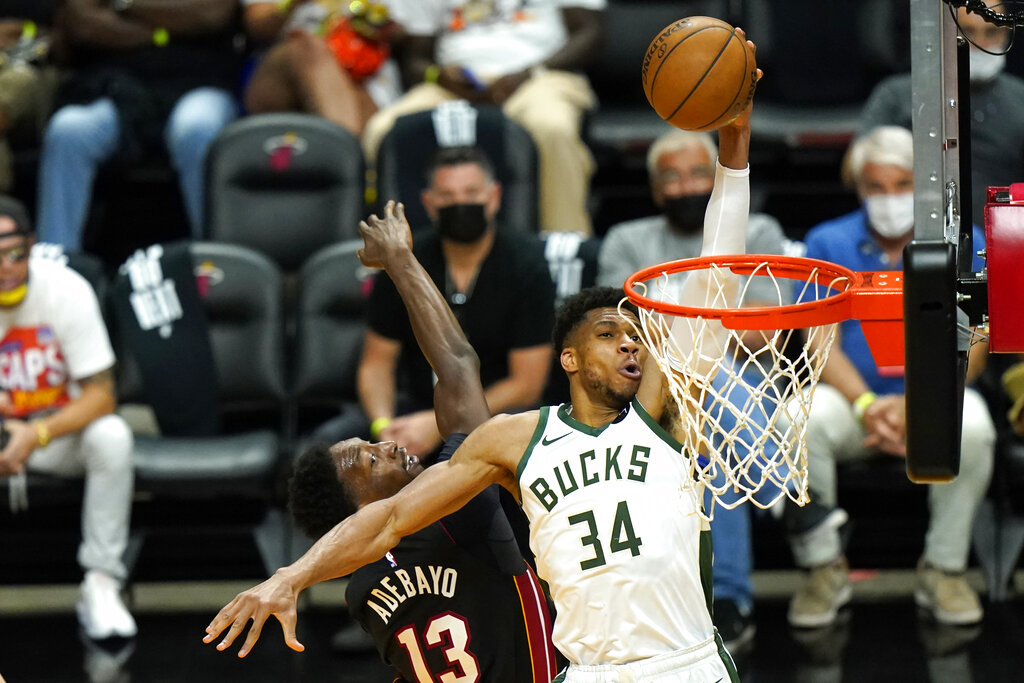 Giannis Antetokounmpo, Bam Adebayo in Game 4 of Milwaukee Bucks and Miami Heat playoffs, May 29, 2021