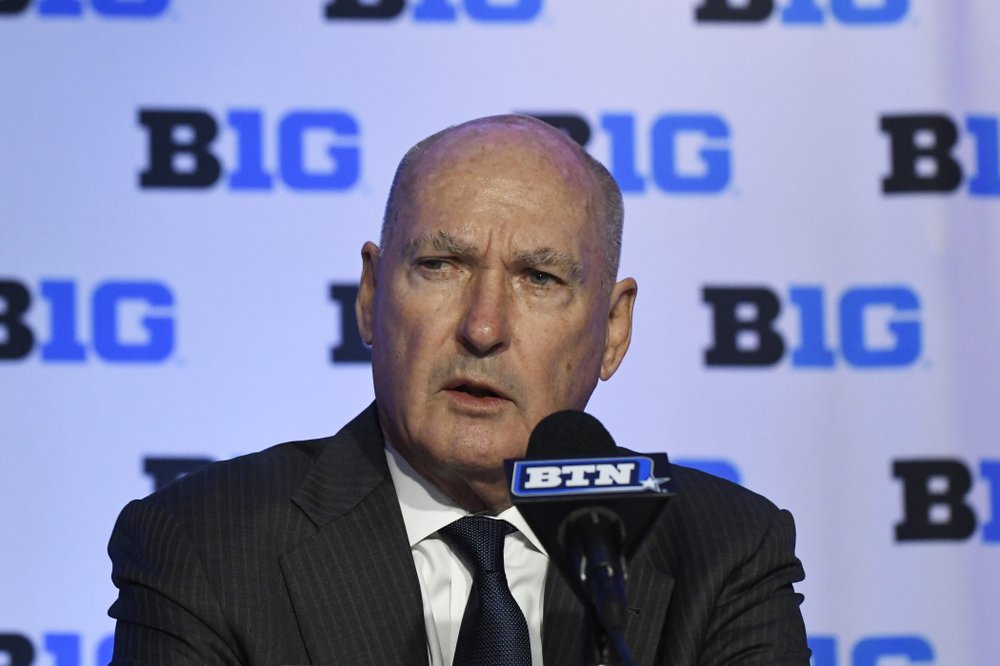 CORRECTS YEAR TO 2019, NOT 2018 AS ORIGINALLY SENT - Big Ten Commissioner Jim Delany speaks at a press conference during the Big Ten conference NCAA college basketball media day Wednesday, Oct. 2, 2019, in Rosemont, Ill. (AP Photo/David Banks)