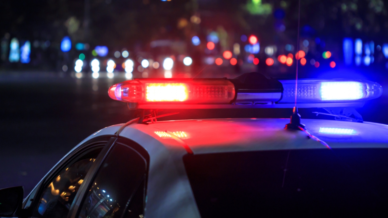Police cruiser lights at night.