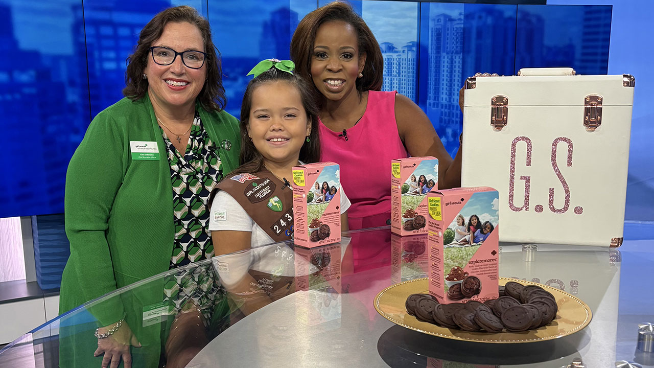 Lisa Johnson, the CEO of Girl Scouts of Southeast Florida, and third grader Amelia Paradas spoke with WPTV morning anchor Hollani Davis for the unveiling of the new Girl Scout cookie, Exploremores, on Sept. 9, 2025.
