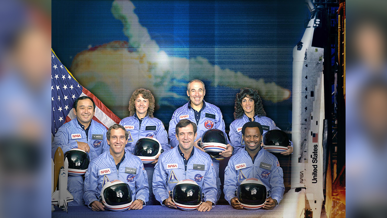 Space Shuttle Challenger crew: (l-r front) Michael Smith, Francis Scobee, Ronald McNair, (l-r back) Ellison Onizuka, Sharon Christa McAuliffe, Gregory Jarvis and Judith Resnik
