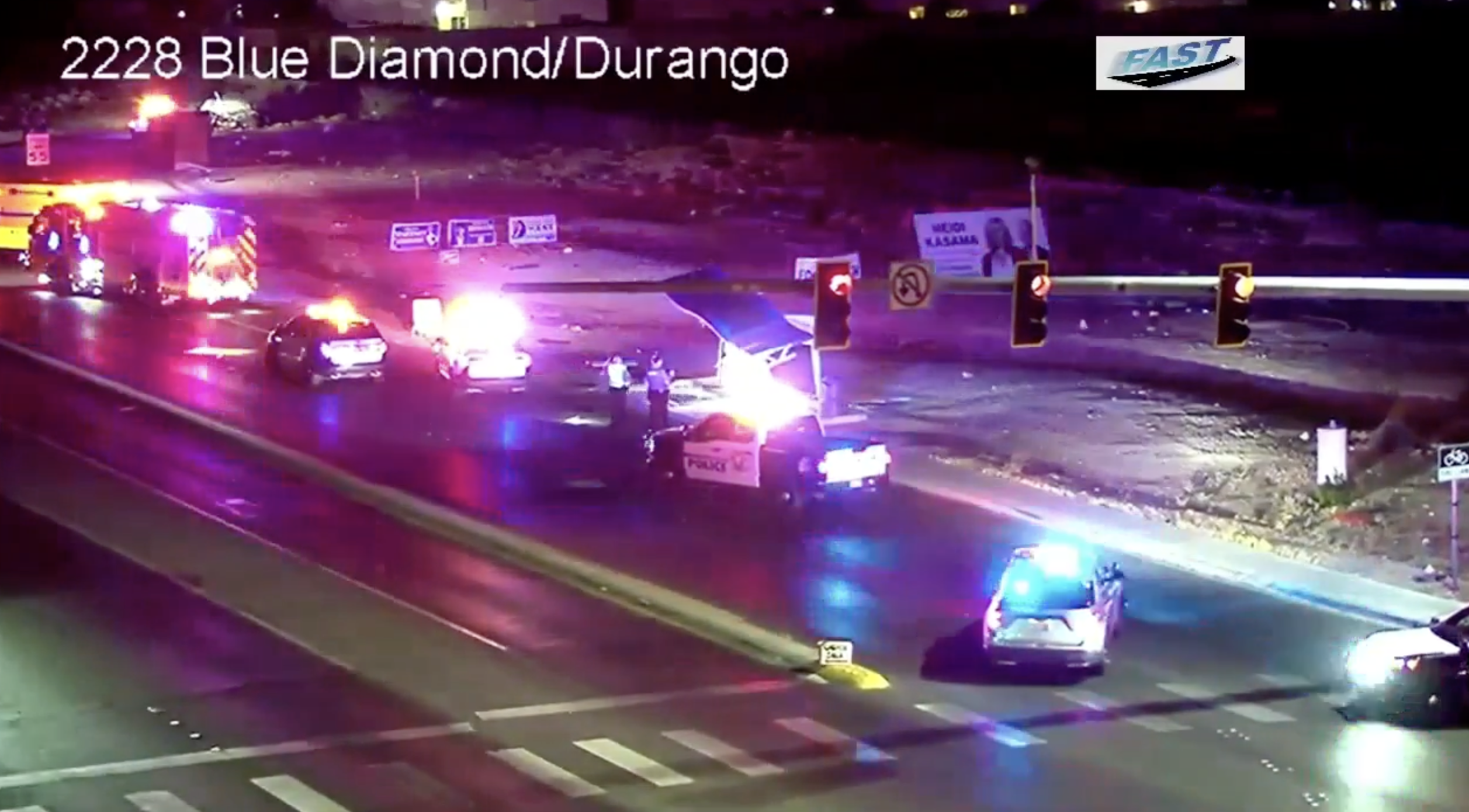 Police presence blocks lanes on westbound Blue Diamond Road at Durango Road