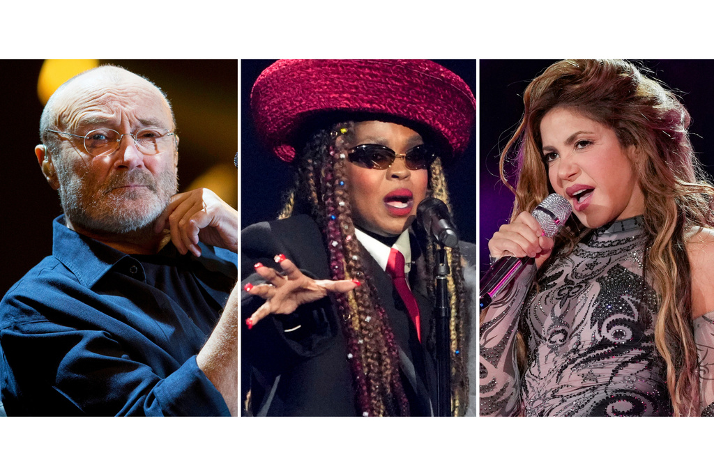 Phil Collins performs at Palacio de los Deportes in Mexico City on March 9, 2018, left, Lauryn Hill performs during the draw for the 2026 soccer World Cup in Washington on Dec. 5, 2025, center, and Shakira performs during the Global Citizen Festival in New York on Sept. 27, 2025.