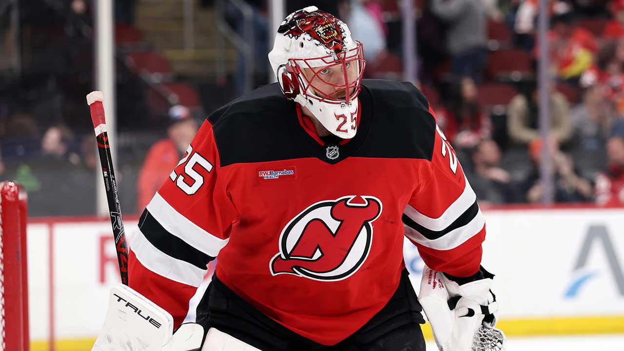 New Jersey Devils goaltender Jacob Markstrom skates off the ice after the Devils lost to the Philadelphia Flyers in an NHL hockey game Tuesday, April 7, 2026, in Newark, N.J. 