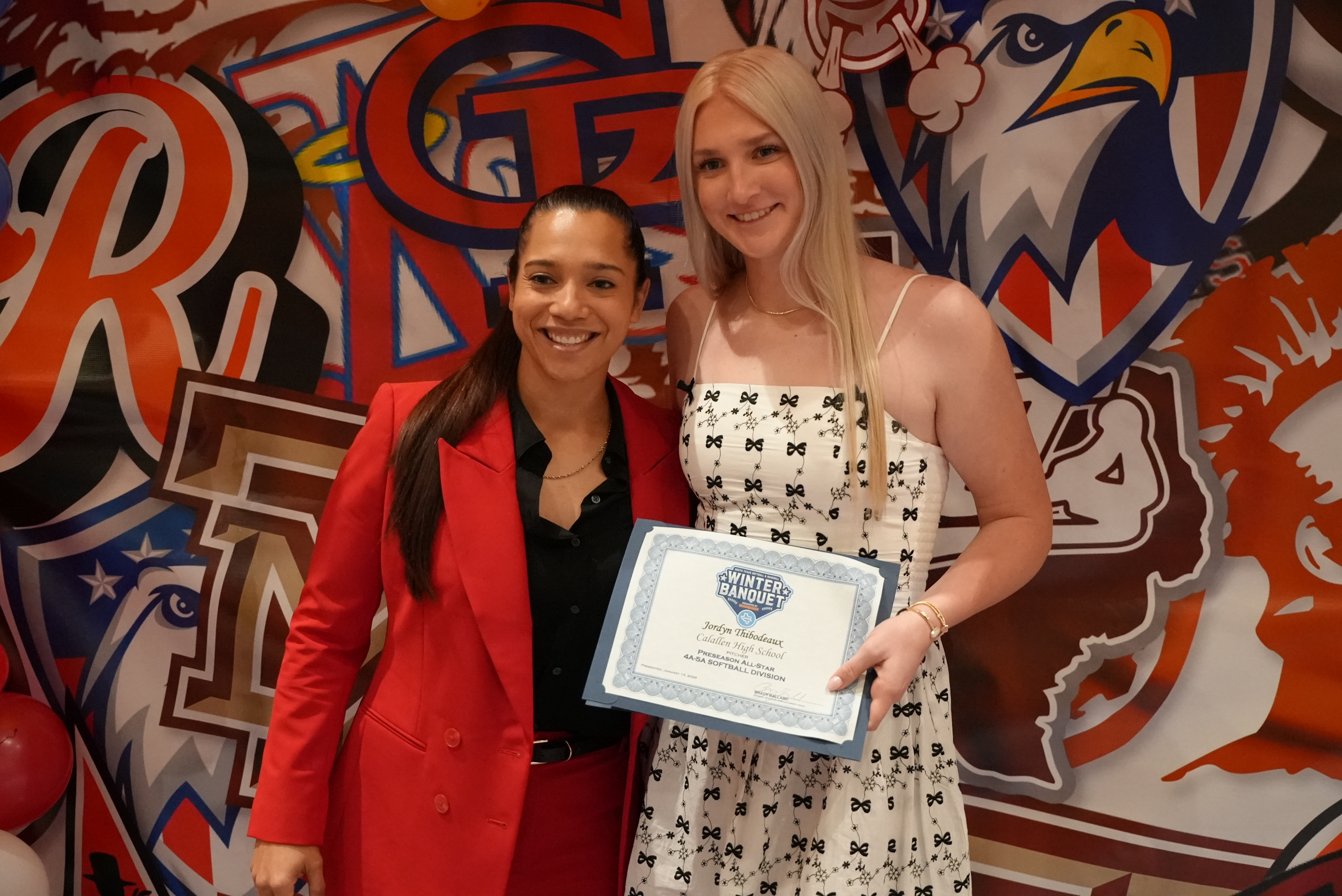 Calallen grad Valeria Perez with senior pitcher Jordyn Thibodeaux