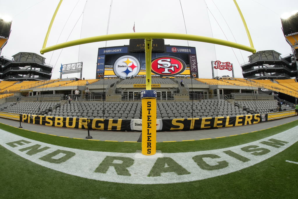 This is End Racism painted in the end zone at Acrisure Stadium before an NFL football game between the Pittsburgh Steelers and the San Francisco 49ers in Pittsburgh, Sunday, Sept. 10, 2023. 