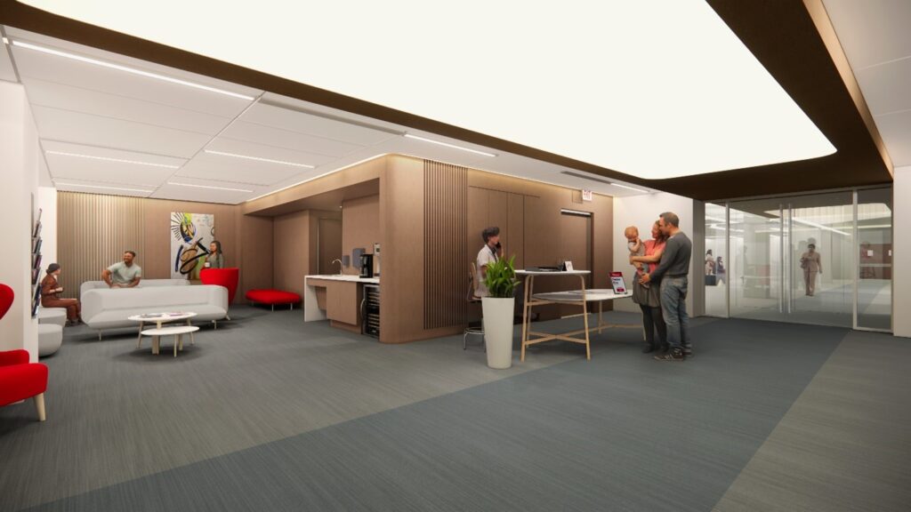 Rendering of the Innovation Design Unit lobby, courtesy Nebraska Medicine.