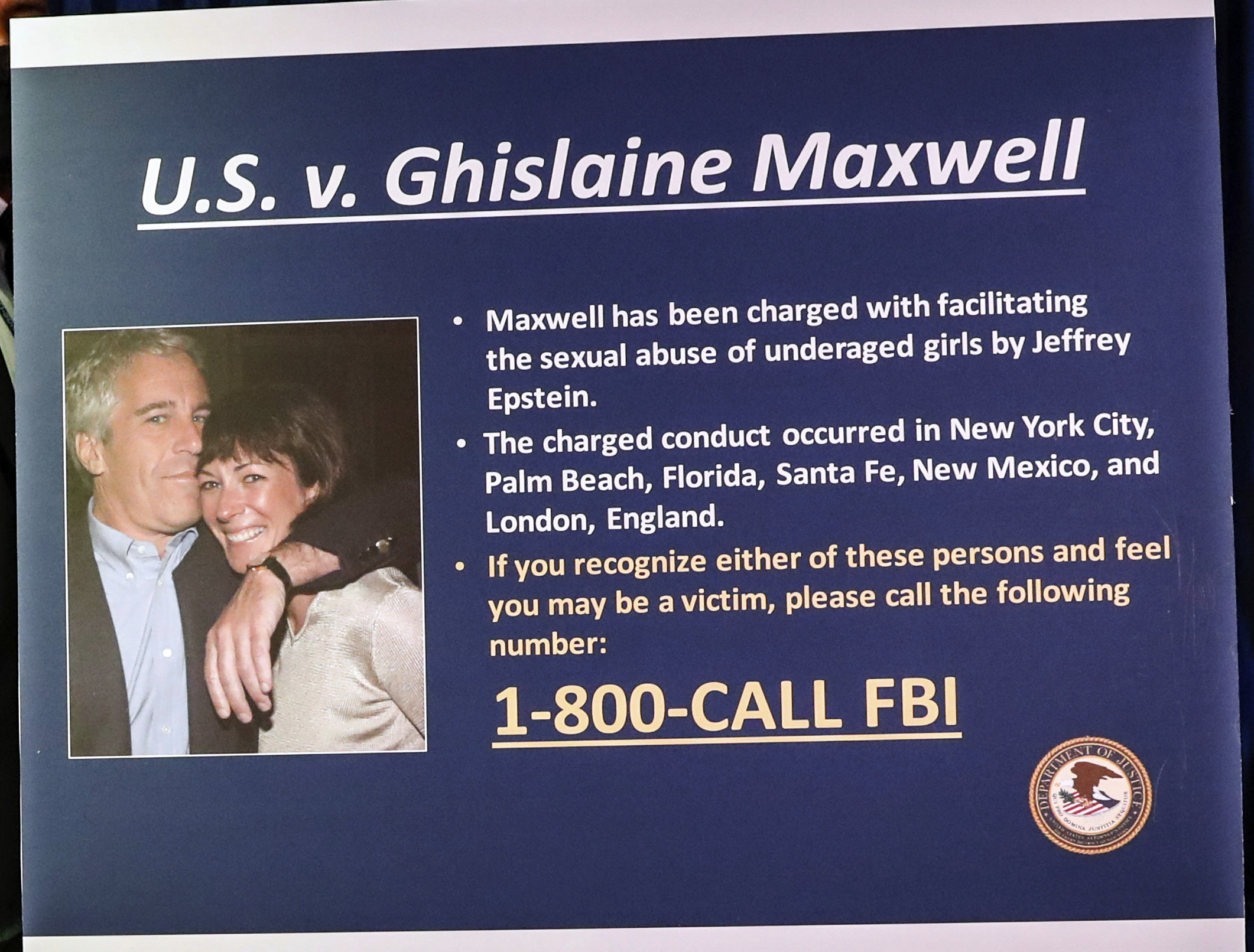 A board outlining the case against Ghislaine Maxwell is seen during a news conference to announce charges against Maxwell for her alleged role in the sexual exploitation and abuse of multiple minor girls by Jeffrey Epstein, July 2, 2020, in New York.
