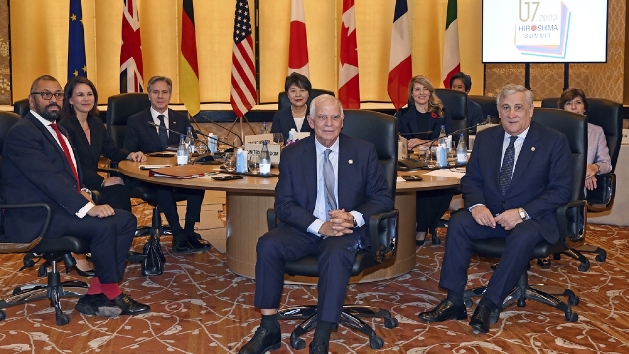Top diplomats sit around a table at the G7 Foreign Ministers' meeting at the Foreign Ministry's Iikura guesthouse in Tokyo