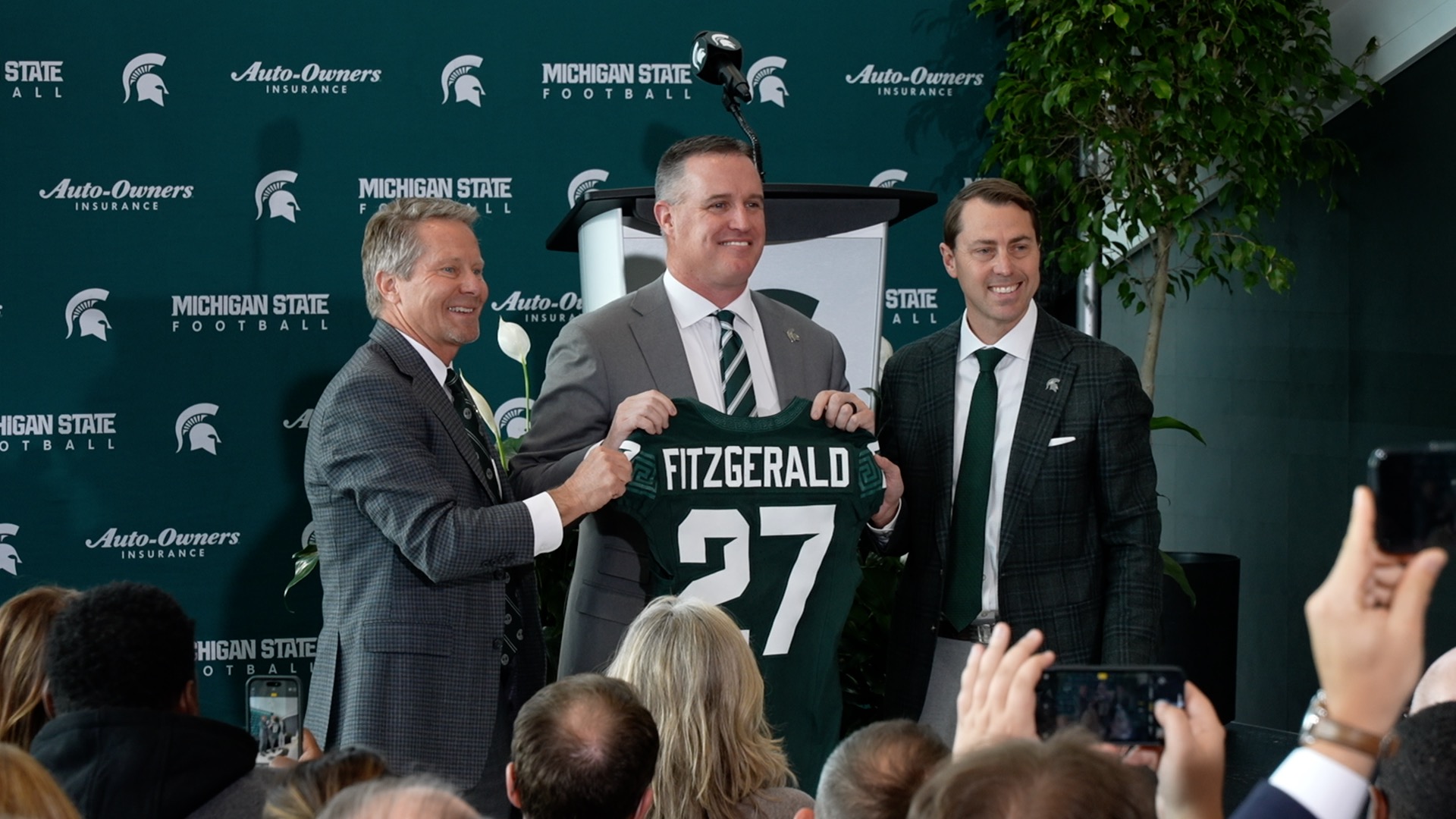 Pat Fitzgerald #27 jersey as 27th head football coach in MSU history