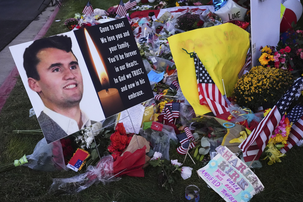 A memorial for Turning Point USA CEO and co-founder Charlie Kirk is seen at Utah Valley University, Saturday, Sept. 13, 2025, in Orem, Utah.