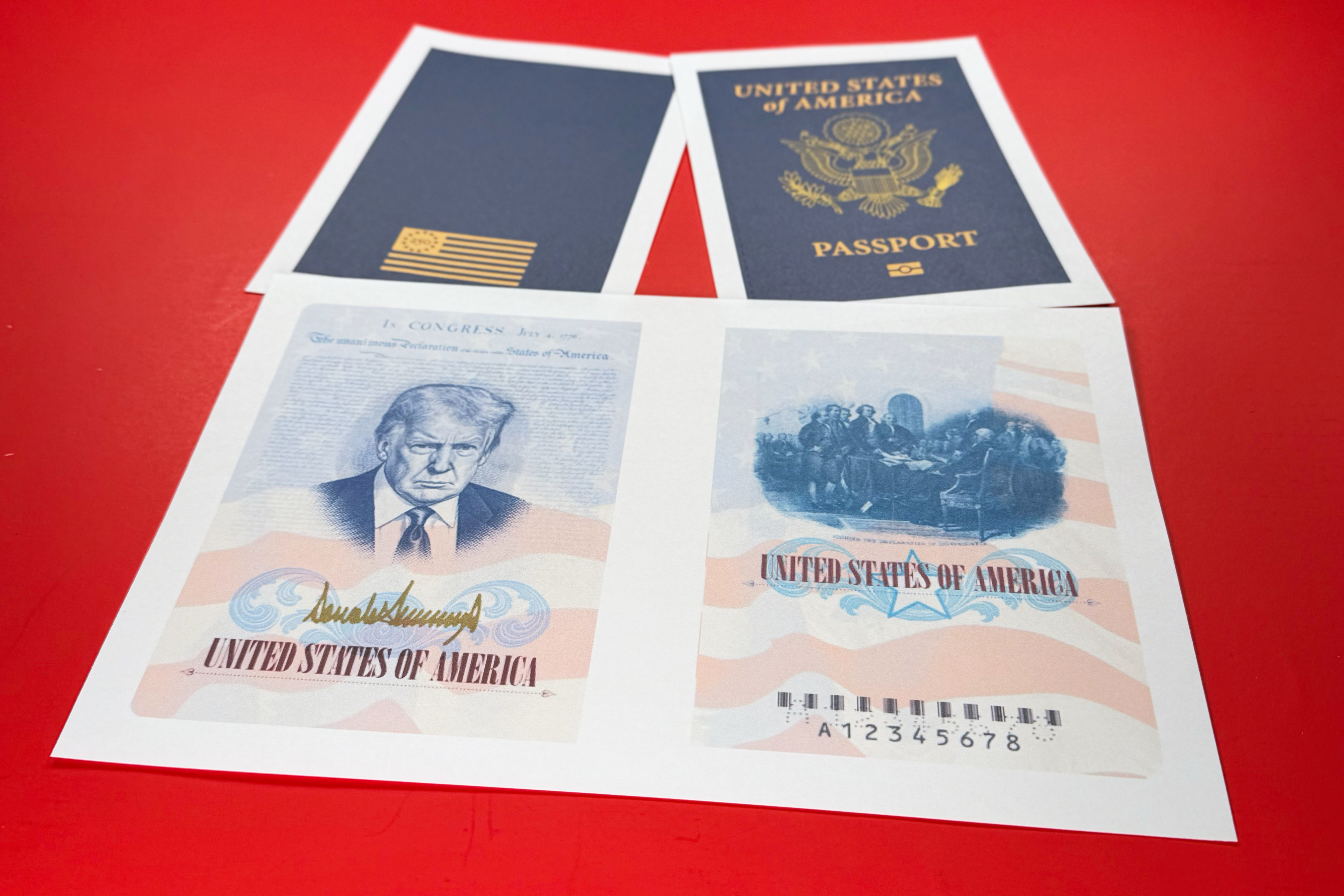 FILE - A sample of a limited release of a commemorative U.S. passport that celebrates America's 250th birthday and features a picture of President Donald Trump.