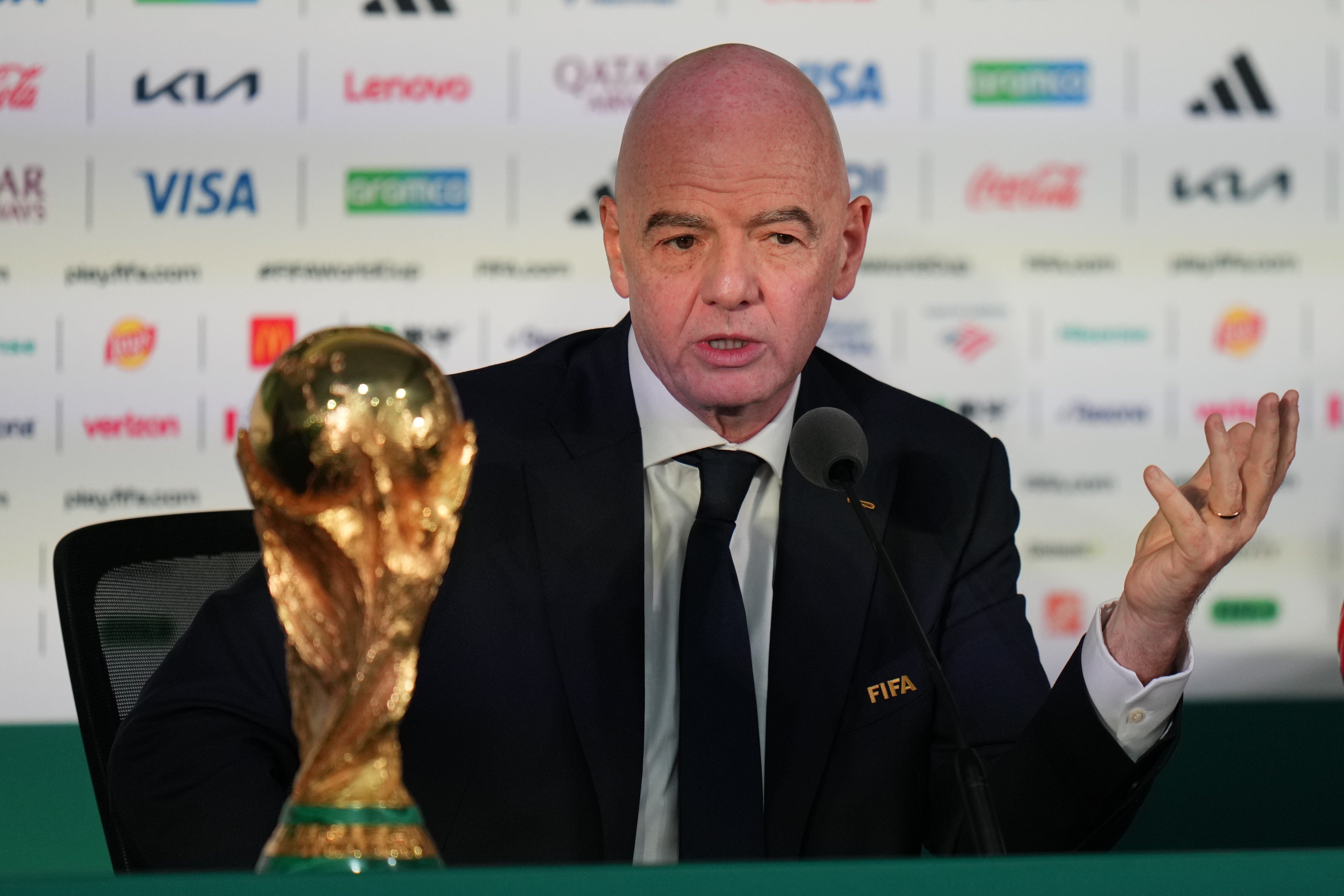 FILE  - FIFA President Gianni Infantino speaks during a news conference at the stadium in Mexico City, Wednesday, June 10, 2026, a day before the opening FIFA World Cup match between Mexico and South Africa. 