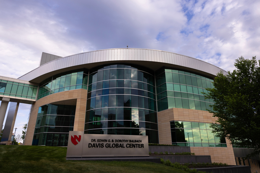 Nebraska Medicine's Davis Global Center is seen on Sunday, May 10,2026 in Omaha, Neb. where American passengers from the hantavirus-stricken cruise ship will quarantine.