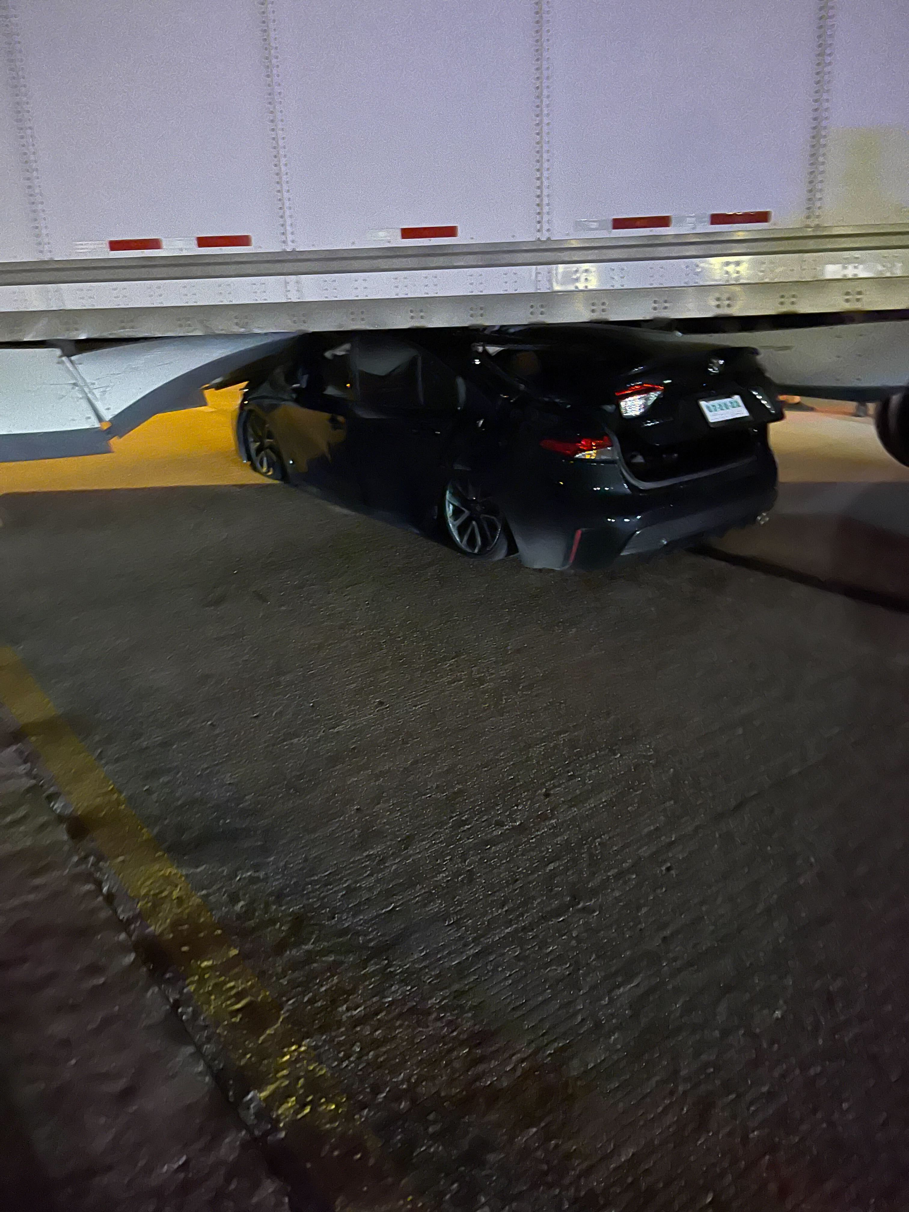 Car jackknifes semi on I-44 in Tulsa