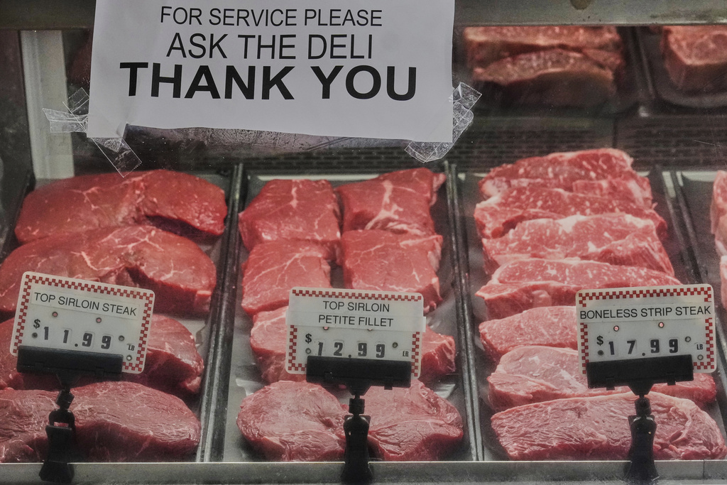 Steaks are pictured at a grocery store in Northfield, Ohio.