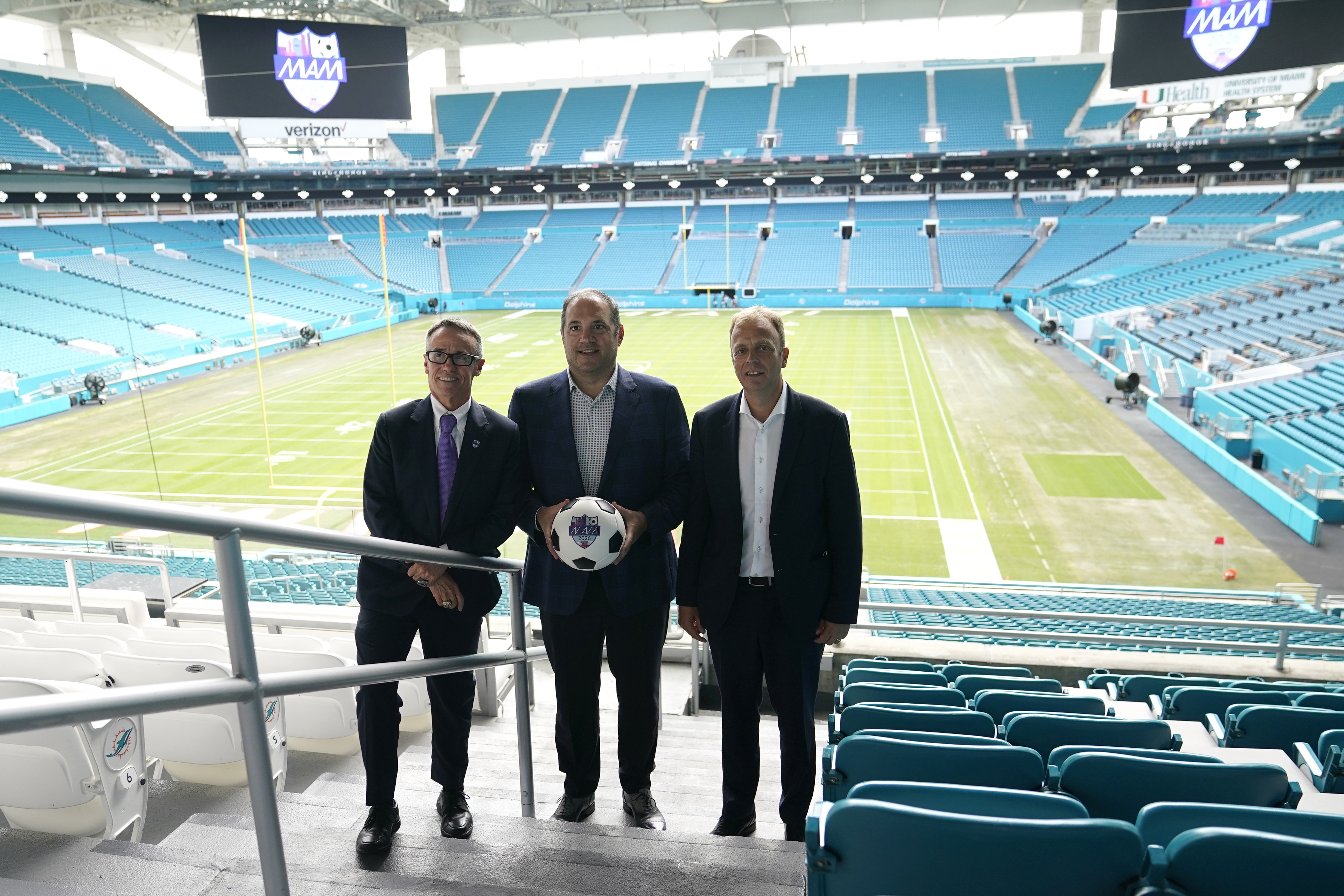 Victor Montagliani, Colin Smith, Jose Sotolongo at 2026 FIFA World Cup visit to Hard Rock Stadium in 2021