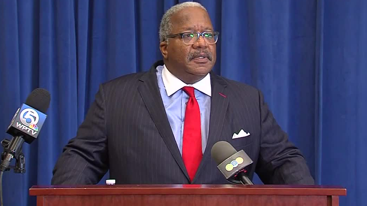West Palm Beach Mayor Keith James speaks at a news conference on April 17, 2020.
