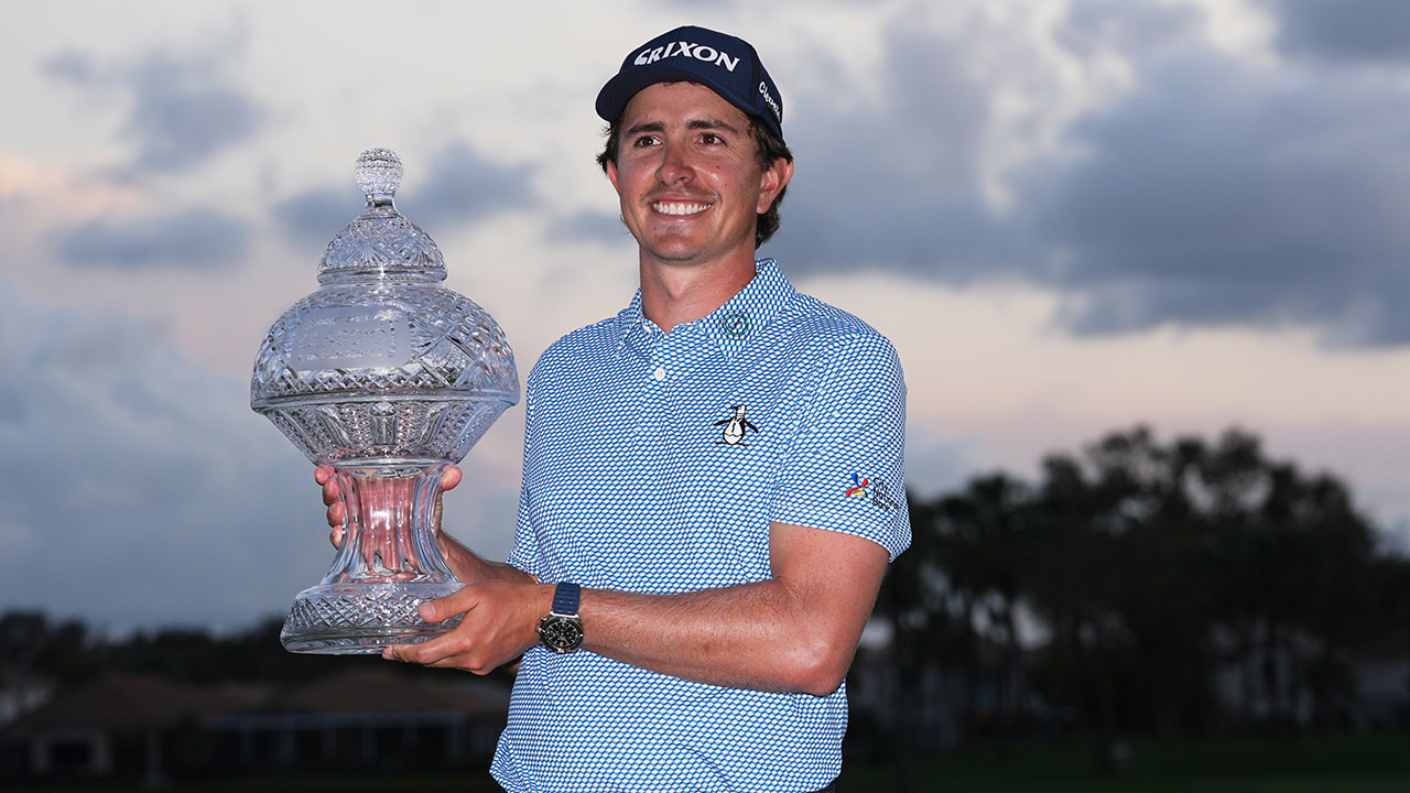 Nico Echavarria of Colombia holds the Cognizant Classic Trophy at the end of the final round of the Cognizant Classic golf tournament, Sunday, March 1, 2026, in Palm Beach Gardens, Fla.