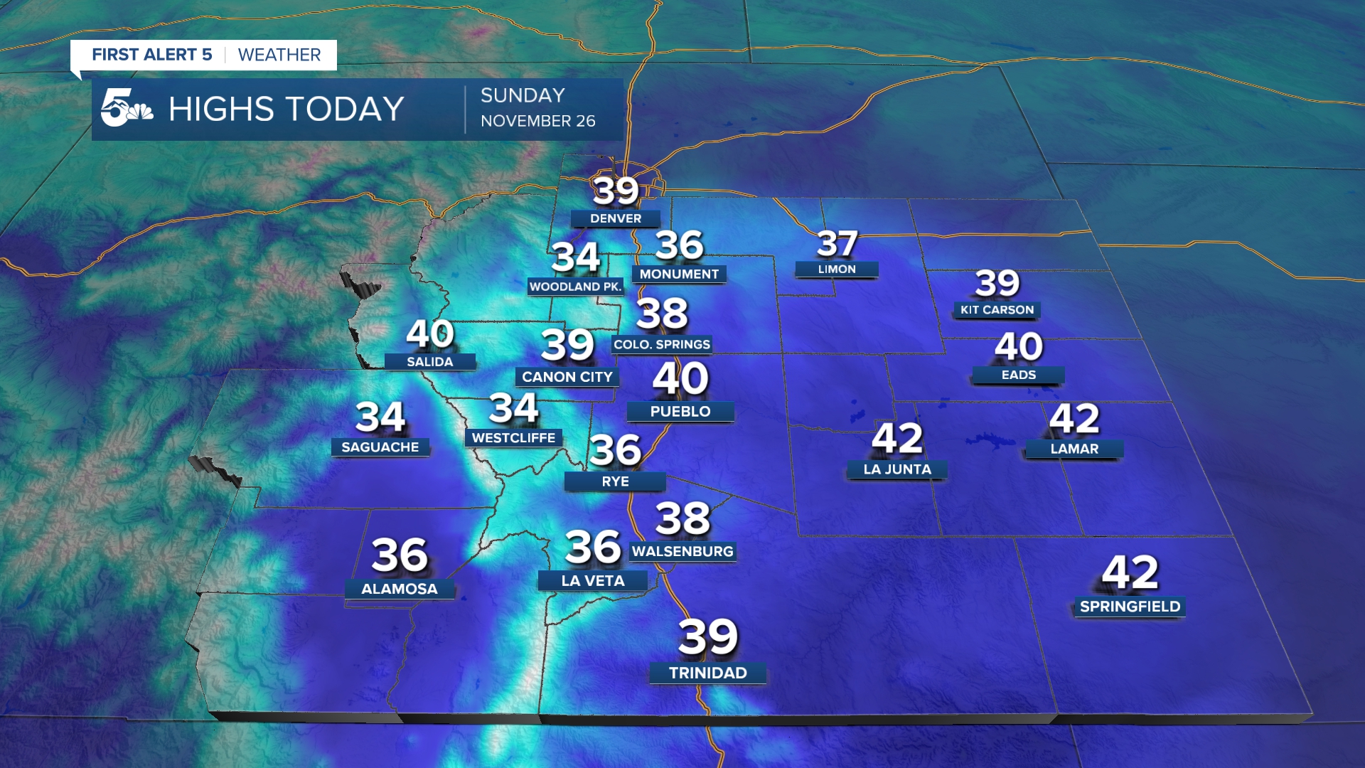 Highs in Southern Colorado Sunday, November 26th