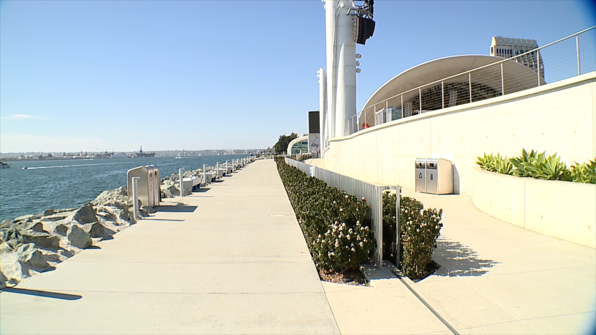 There is a stretch of sidewalk where people frequently set up to watch concerts at Rady Shell for free.
