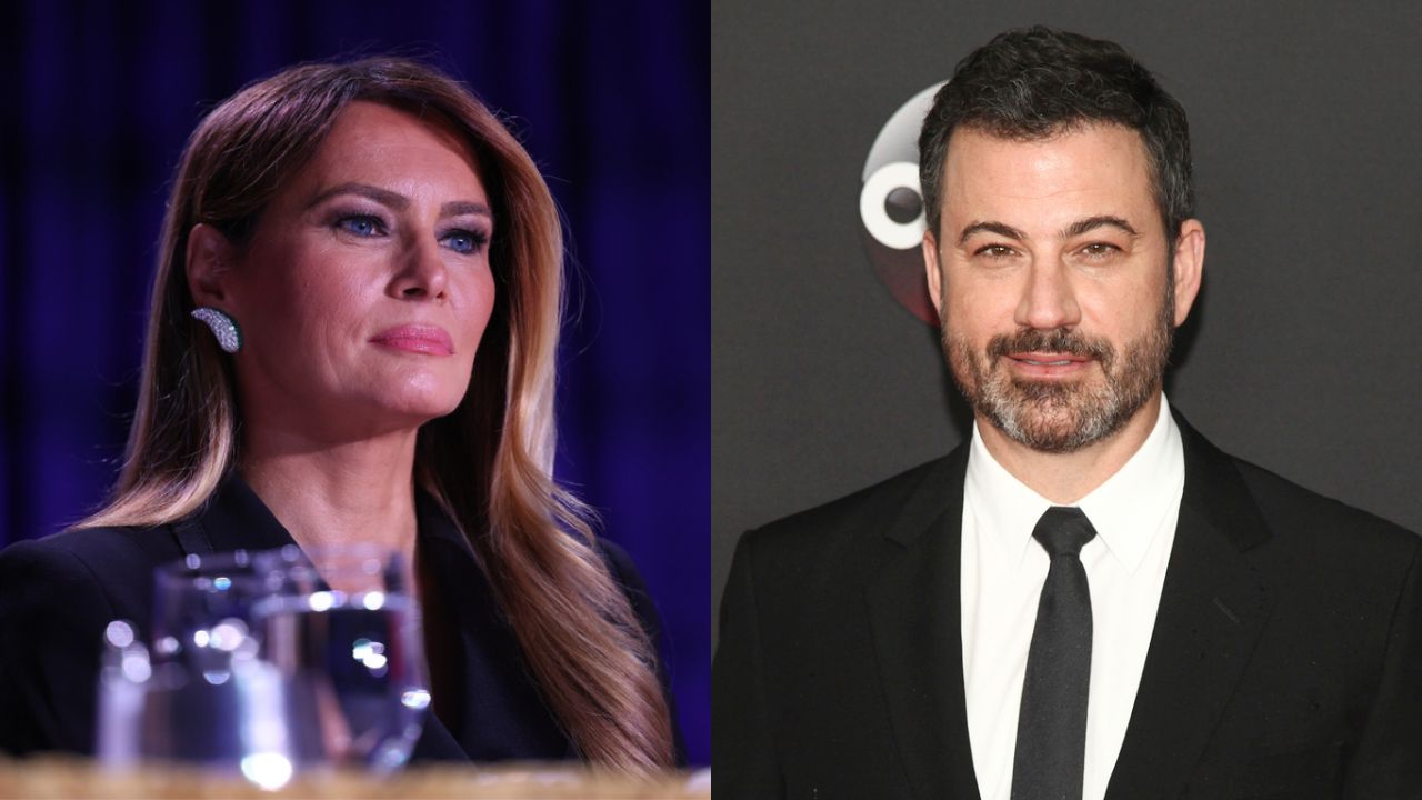 This combination of images shows First Lady Melania Trump, left, and late-night television host Jimmy Kimmel.